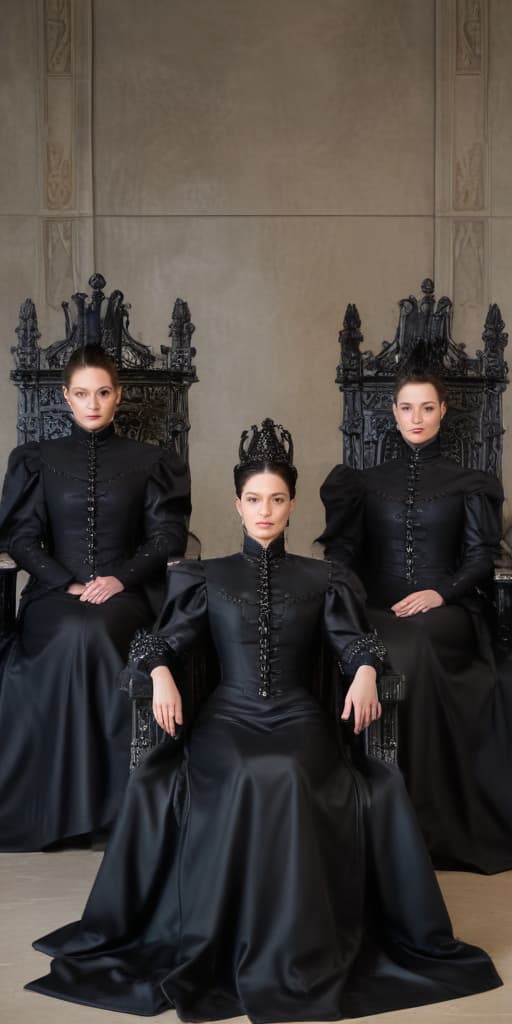 3 woman, sitting, on three thrones, judging, they are dressed in black nylon suits,