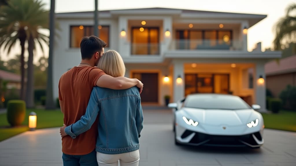  man and woman hugged, couple hugging each other, standing in front of the big luxury house and expensive shiny white sports car parked on the driveway. wealthy and rich family villa apartment, success