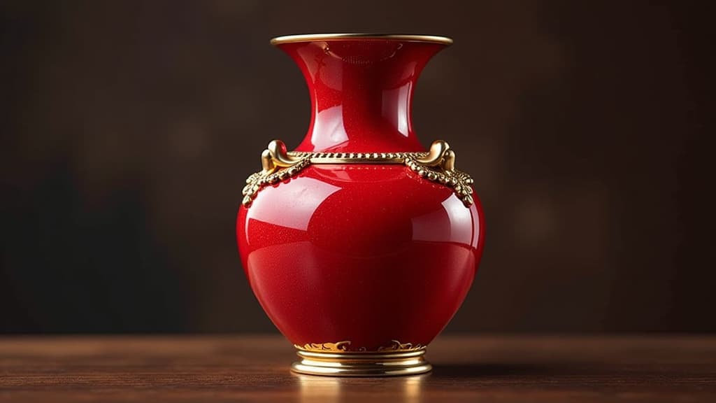  a red and gold vase with gold trim, high quality, high details, hd, perfect composition, 4k epic detailed, highly detailed, sharp focus, high resolution