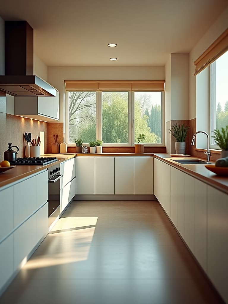  high quality portrait photo of a bright, airy kitchen with large windows and polished concrete floors, captured from a corner to showcase the expansive space hyperrealistic, full body, detailed clothing, highly detailed, cinematic lighting, stunningly beautiful, intricate, sharp focus, f/1. 8, 85mm, (centered image composition), (professionally color graded), ((bright soft diffused light)), volumetric fog, trending on instagram, trending on tumblr, HDR 4K, 8K