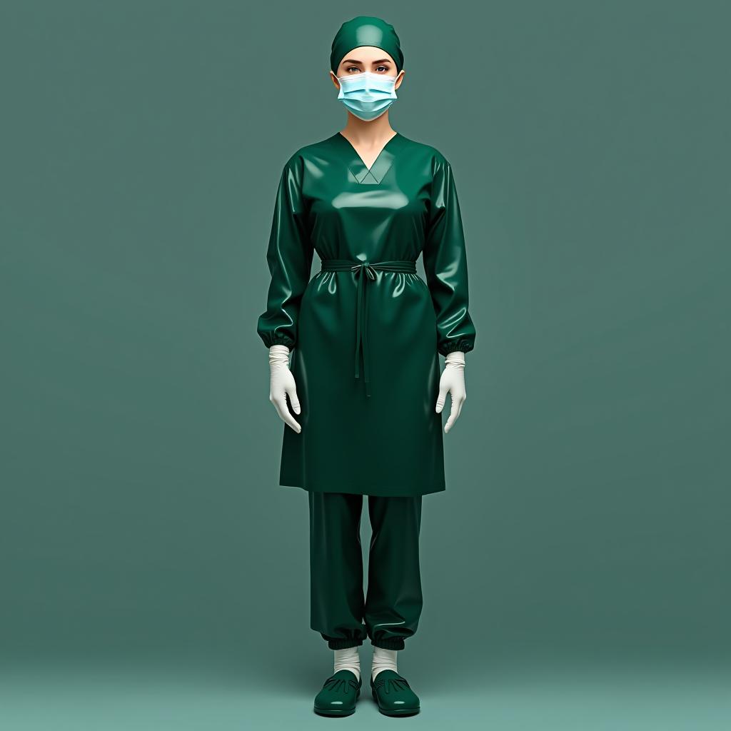  full length, front view, full face, the whole outfit is made of glossy latex, the operating nurse nadezhda is dressed in a knee length surgical gown with long sleeves with cuffs and a belt at the waist, made of glossy latex of dark green color, on her head a surgeon's beret, made of glossy latex of dark green color, on her face a surgical mask, made of glossy latex of dark green color, on her legs trousers, made of glossy latex of dark green color, tucked into high surgical shoe covers, made of glossy latex of dark green color, surgical gloves, made of glossy latex of dark green color