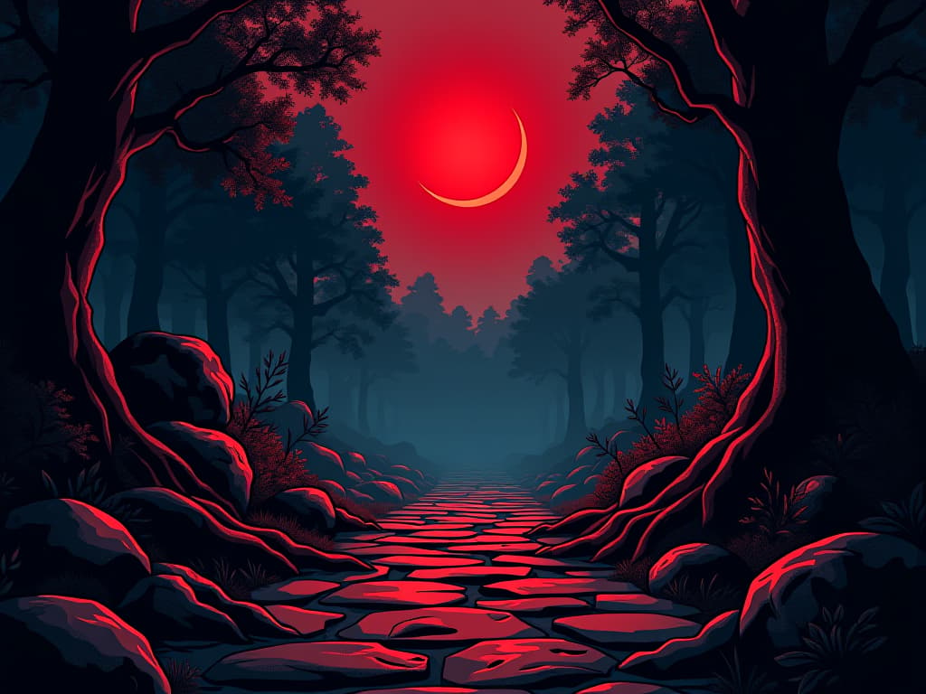  dark stone path under a crescent moon, shadows creeping, ancient forest surrounding, air of mysterious guidance. the style is digital art illustration / modern comic book / graphic dark novel fantasy and mysterious occult, symbolic, moody lighting, esoteric vibe,high detail on character design. for the color scheme emphasize blacks and reds.