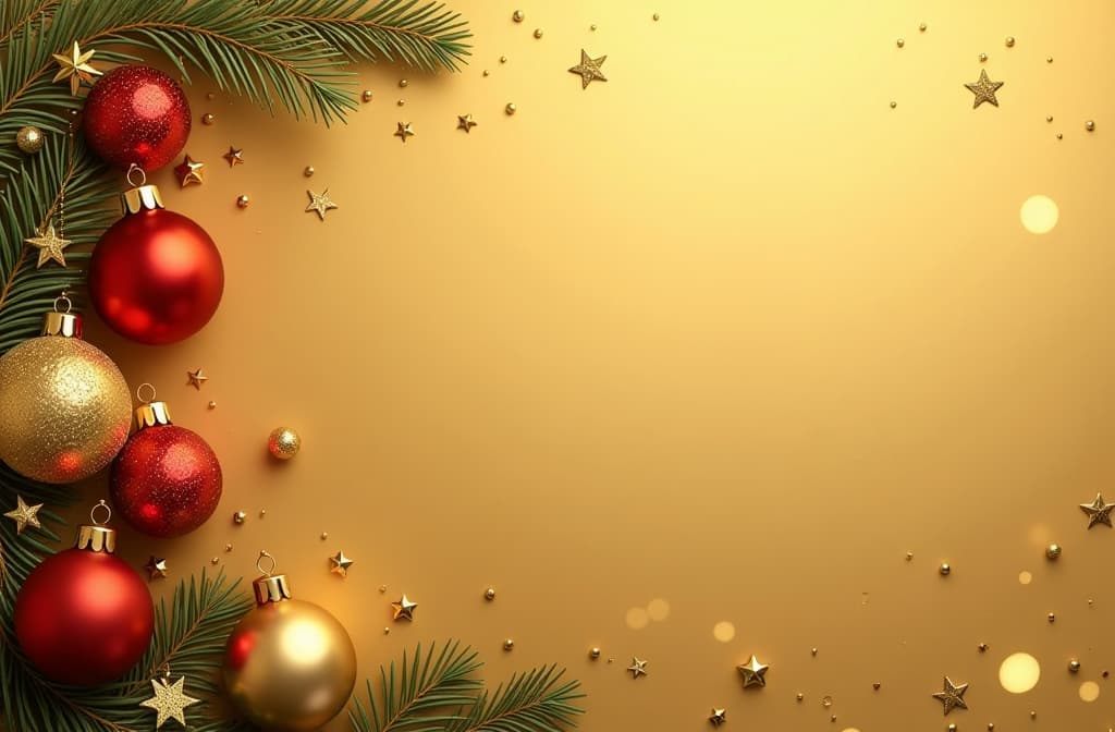  top down view of a warm gold background, with gold and red christmas ornaments and glittery stars in the top left corner. scattered golden snowflakes and soft light bokeh effect in the bottom right corner, leaving plenty of space for text ar 3:2 {prompt}, maximum details