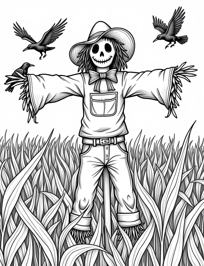  a scarecrow surrounded by crows in a cornfield, black and white line art on a white background, for an adult coloring page.