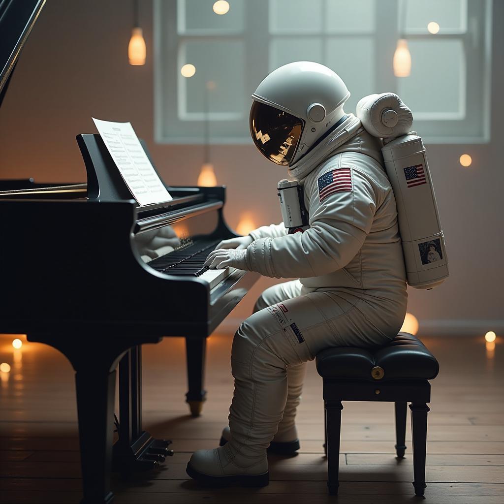  piano, mouse, astronaut exploring, installation art, s curve angle hyperrealistic, full body, detailed clothing, highly detailed, cinematic lighting, stunningly beautiful, intricate, sharp focus, f/1. 8, 85mm, (centered image composition), (professionally color graded), ((bright soft diffused light)), volumetric fog, trending on instagram, trending on tumblr, HDR 4K, 8K