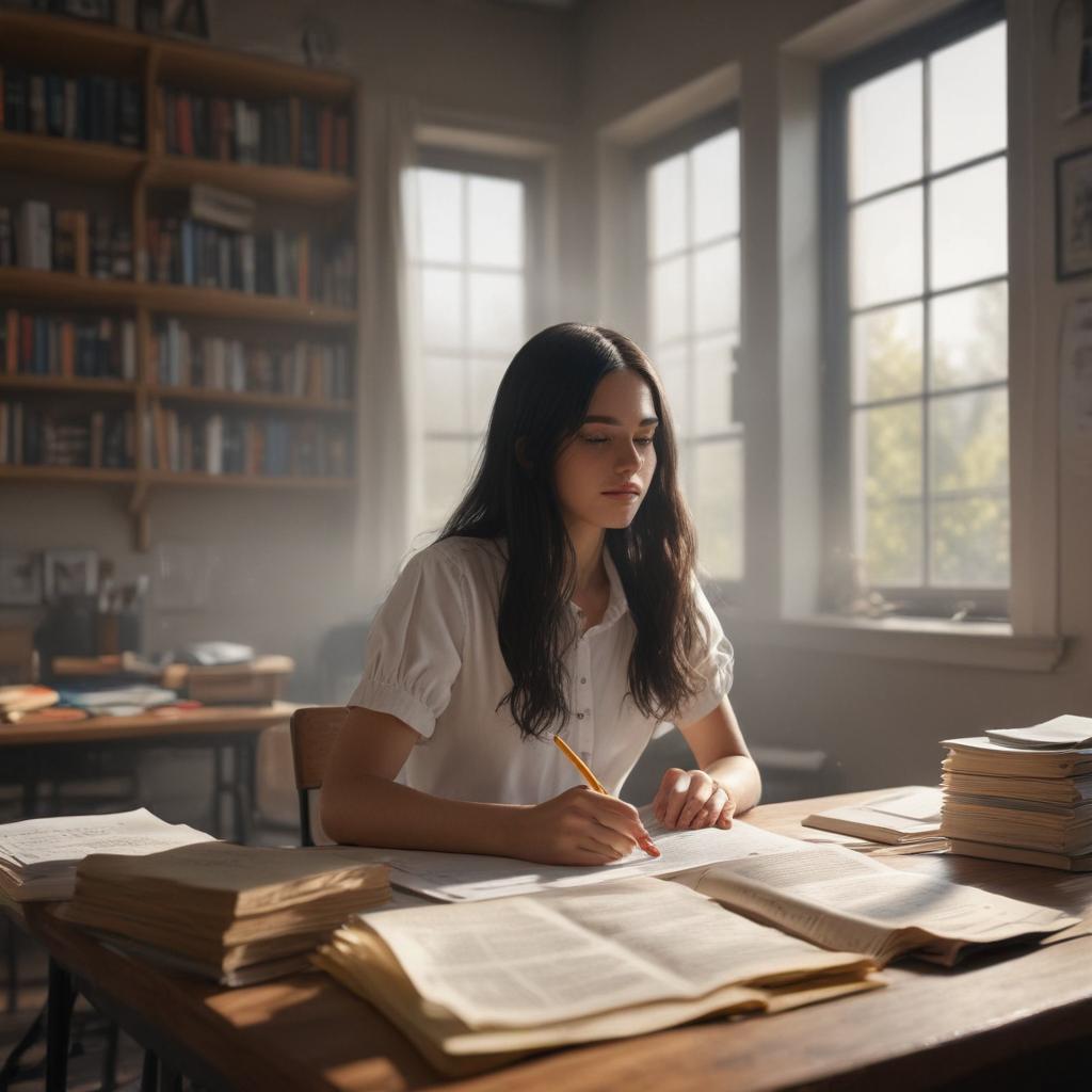 ((masterpiece)),(((best quality))), 8k, high detailed, ultra detailed,A girl sitting in a classroom, a girl, ((long black hair)), reading a book, (sunlight streaming through the window), (desk with scattered papers), (bookshelf filled with books) hyperrealistic, full body, detailed clothing, highly detailed, cinematic lighting, stunningly beautiful, intricate, sharp focus, f/1. 8, 85mm, (centered image composition), (professionally color graded), ((bright soft diffused light)), volumetric fog, trending on instagram, trending on tumblr, HDR 4K, 8K