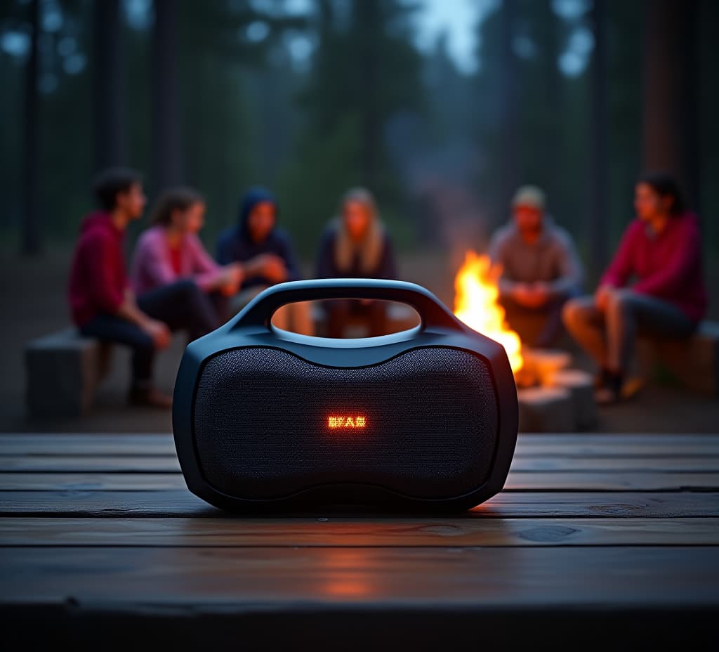  photo of a futuristic portable electric speaker placed on an outdoor camping table surrounded by people sitting around campfires in nature at night.