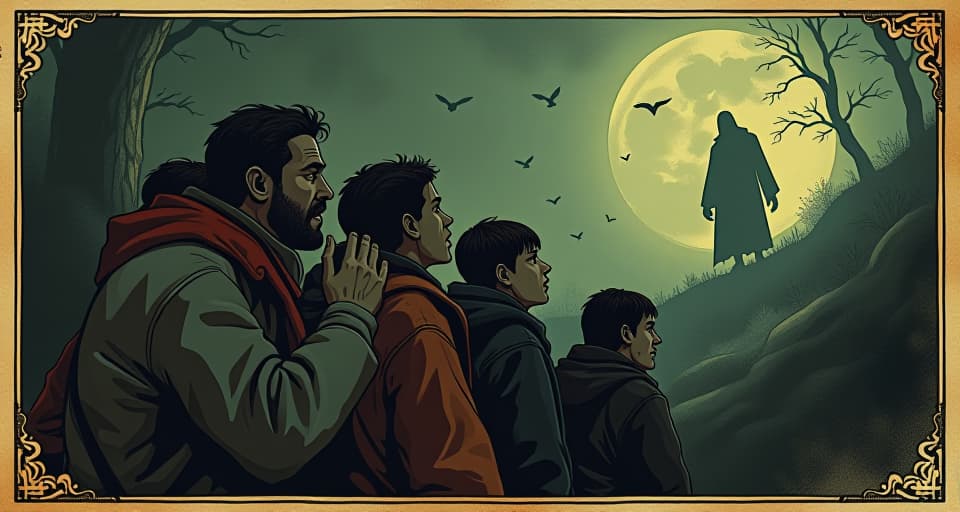  people huddled together in fear, casting glances at a dark figure in the distance, desperate expressions, heavy shadows, bleak atmosphere, sense of foreboding and uncertainty. an illustration in the style of a worn, mystical old tarot trump card, mysterious and elements of surrealism. the colors are muted, somber and eerie, but with contrast bring out an occult and esoteric vibe.