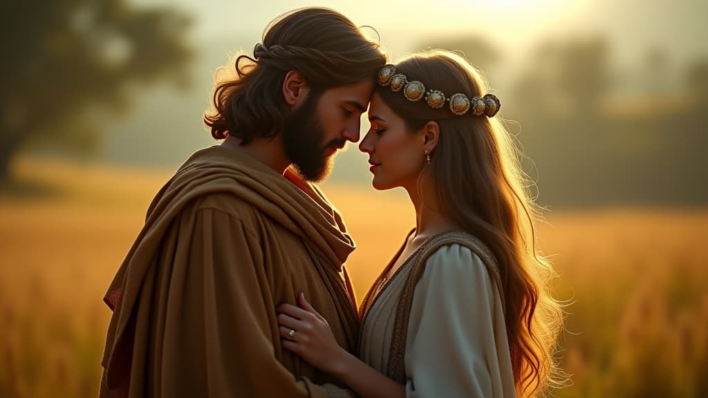  history of biblical times, a romantic depiction of jacob and rachel, vividly showcasing jacob's love, surrounded by a serene pastoral landscape. hyperrealistic, full body, detailed clothing, highly detailed, cinematic lighting, stunningly beautiful, intricate, sharp focus, f/1. 8, 85mm, (centered image composition), (professionally color graded), ((bright soft diffused light)), volumetric fog, trending on instagram, trending on tumblr, HDR 4K, 8K