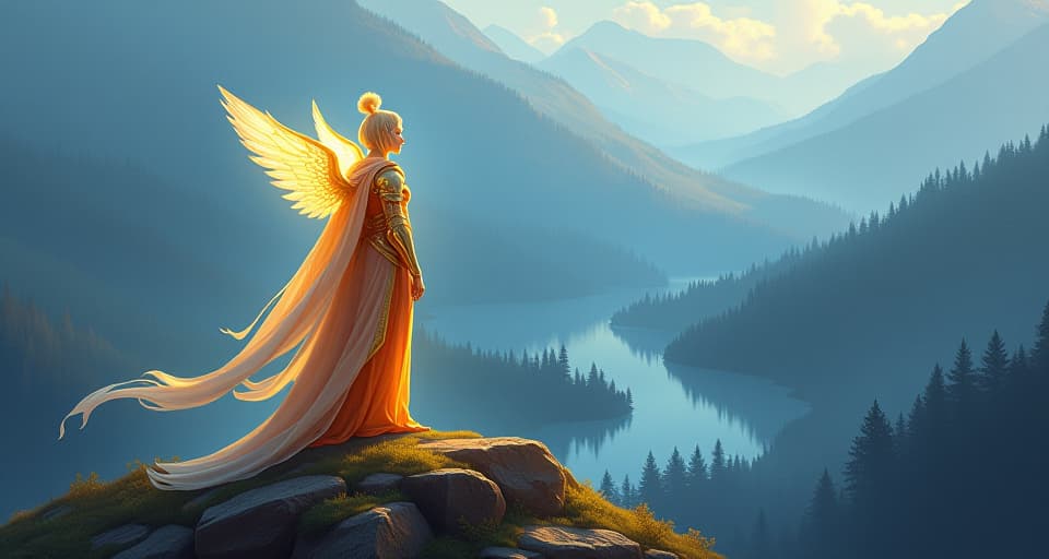  an ethereal warrior clad in bright, radiant armor, standing atop a shimmering hill. below them, a landscape of magical forests and lakes, atmosphere of boldness.. the style is digital art illustration,highly detailed, whimsical,magical, dreamlike atmosphere, realism and fantasy blend, smooth, glossy textures,luminous quality, wonder and enchantment.