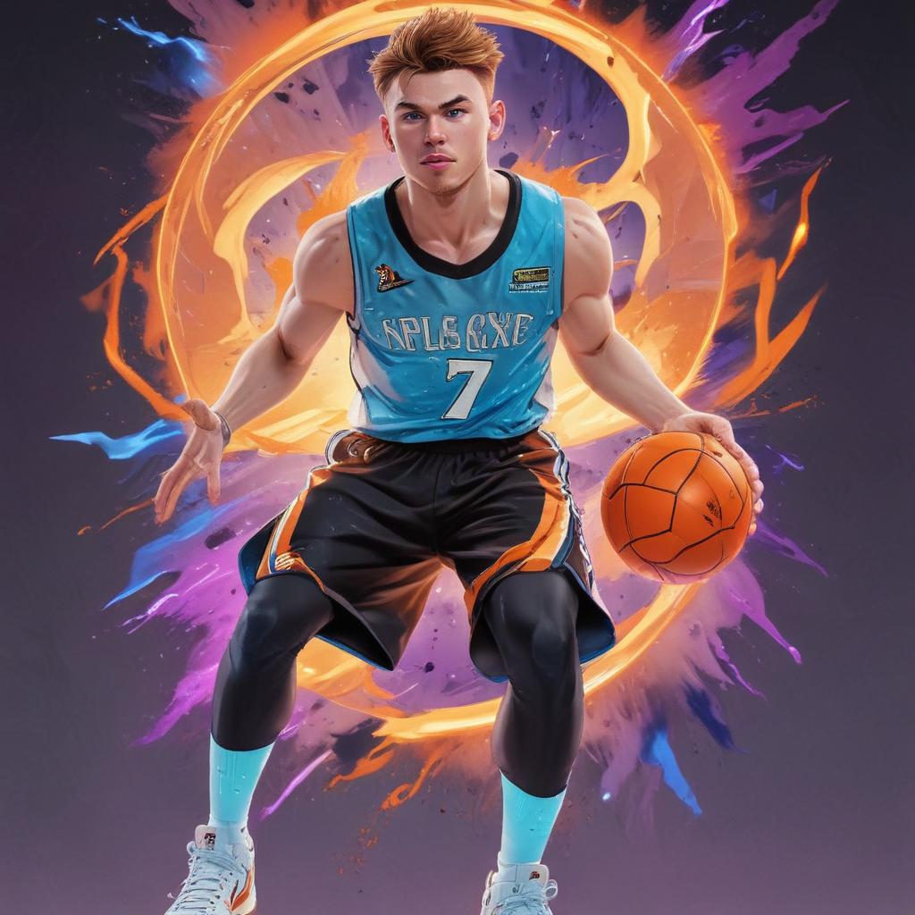 distance-shot, flashy, full-body, dynamic, holographic, animated cartoon poster of luka doncic in the style of dragon ball super