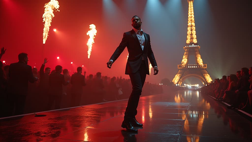  create an image that captures the essence of "usher: rendezvous in paris" concert film. the scene should depict a glamorous parisian setting at la seine musicale during paris fashion week, where usher is performing his chart topping hits like "yeah!," "my boo," and "love in this club" in stunning costumes. incorporate state of the art lighting and special effects to enhance the visual impact. include elements like the eiffel tower in the background, symbolizing the french setting. show usher on