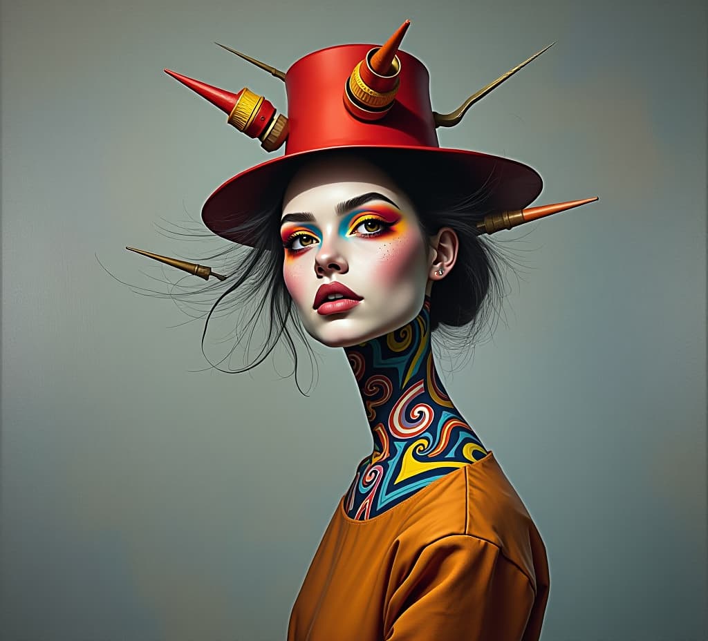  surrealistic fine art painting of eccentric young woman with bright creative makeup and weird hat while standing against gray background.