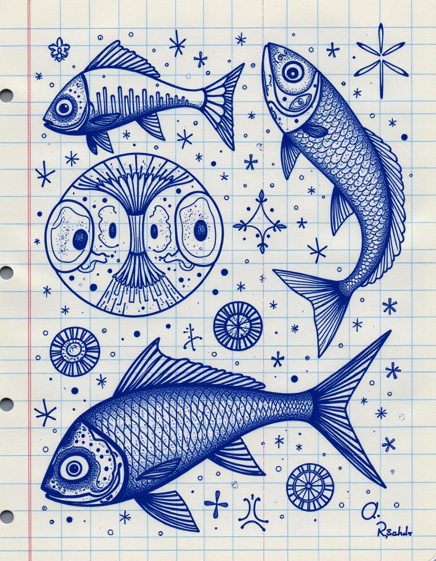  (masterpiece, high resolution, hand drawn ilration:1.3), surreal collage, (blue ballpoint pen:1.2), whimsical doodles, (red mullet:1.4) in the lower left corner, vint scales, intricate fin details, (running sackariks:1.3) in the upper right corner, dynamic movement, exaggerated features, (zyuzyulya:1.2) in the center, and abstract form, blending into the surreal scene, drawing on a notebook, lined paper texture, (monochromatic art:1.1), deep blues and rich blacks, dreamlike atmosphere, flowing lines, imaginative composition, filled with quirky charm, energy.