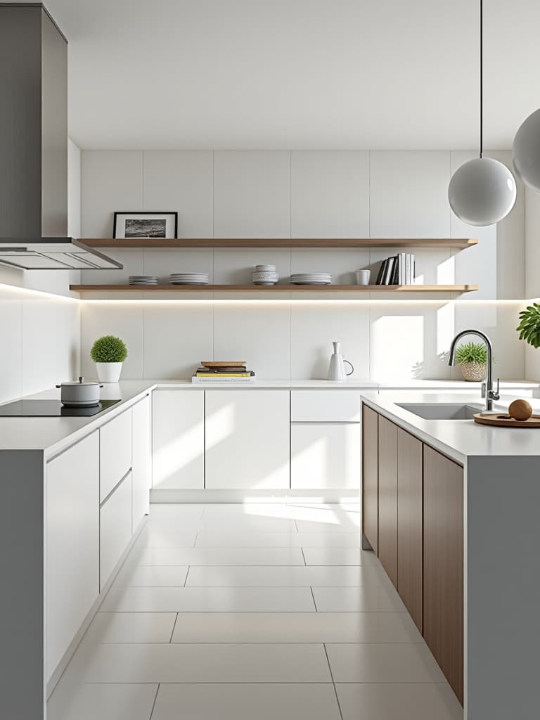  high quality portrait photo of a bright and airy white kitchen with a floor to ceiling glass tile backsplash in various shades of white, creating a subtle watercolor effect, complemented by floating shelves and a large kitchen island hyperrealistic, full body, detailed clothing, highly detailed, cinematic lighting, stunningly beautiful, intricate, sharp focus, f/1. 8, 85mm, (centered image composition), (professionally color graded), ((bright soft diffused light)), volumetric fog, trending on instagram, trending on tumblr, HDR 4K, 8K