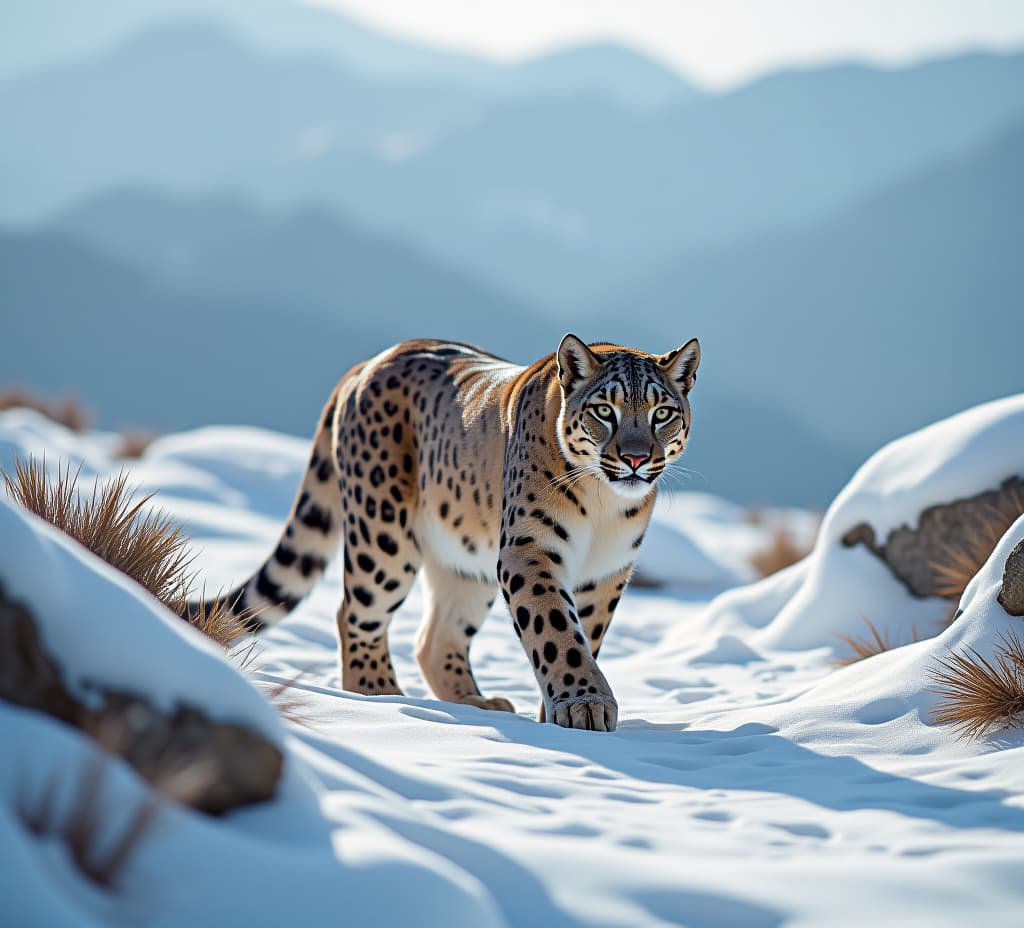  snow leopard walking through snowy mountain terrain