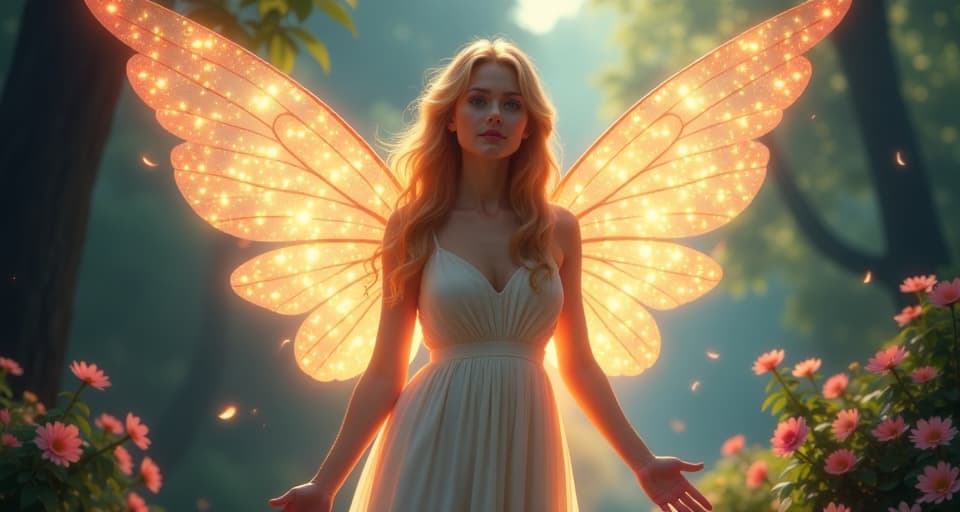  an ethereal angel with glowing floral wings stands proudly in an enchanted clearing. her light shines without hesitation, illuminating everything around her, confident and radiant, ethereal brilliance.. the style is digital art illustration,highly detailed, whimsical,magical, dreamlike atmosphere, realism and fantasy blend, smooth, glossy textures,luminous quality, wonder and enchantment.