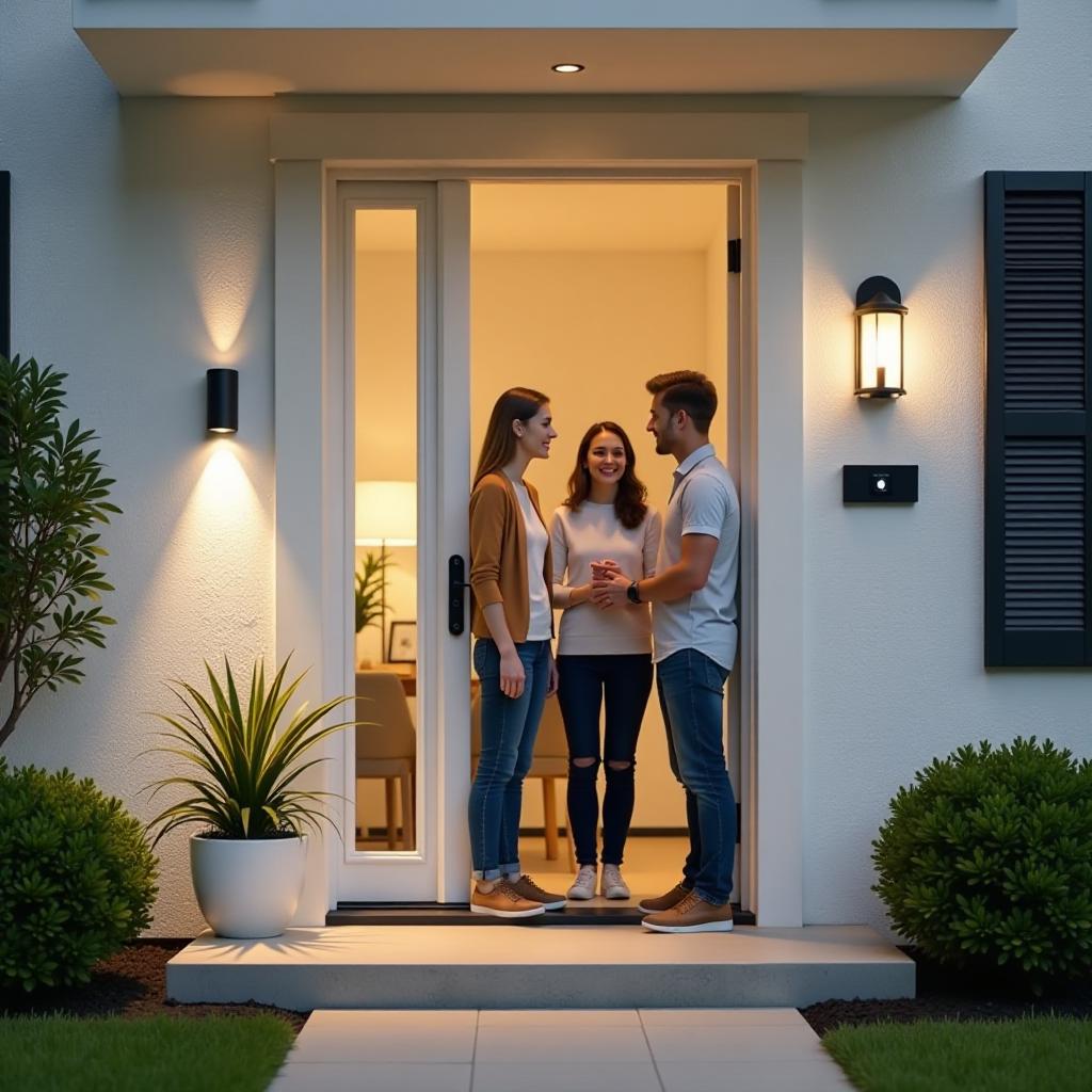  create an image that visually represents the concept of selecting the ideal video doorbell for home security. the scene should feature a modern, stylish home entrance with a clear view of the front door. include a sleek, advanced video doorbell mounted next to the door, showcasing its high resolution camera and integrated features like motion detection. surround the doorbell with various visual elements that represent different models available in the market – some with traditional designs, others showcasing smart integrations, and a few highlighting unique features like weatherproofing or night vision. alongside the door, depict a family engaging in conversation with a friendly delivery person, illustrating the doorbell's practical use i hyperrealistic, full body, detailed clothing, highly detailed, cinematic lighting, stunningly beautiful, intricate, sharp focus, f/1. 8, 85mm, (centered image composition), (professionally color graded), ((bright soft diffused light)), volumetric fog, trending on instagram, trending on tumblr, HDR 4K, 8K