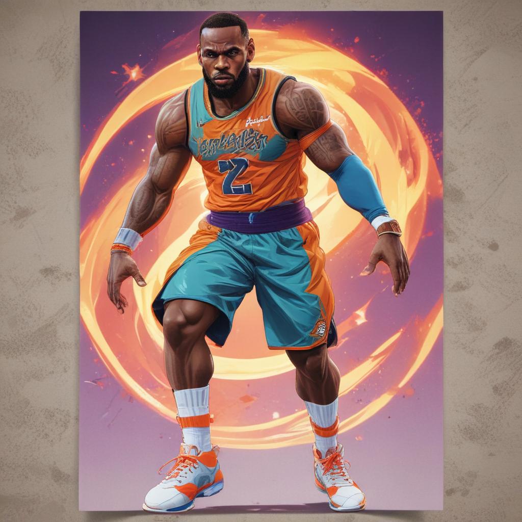 distance-shot, flashy, full-body, dynamic, holographic, animated cartoon poster of lebron james in the style of dragon ball super