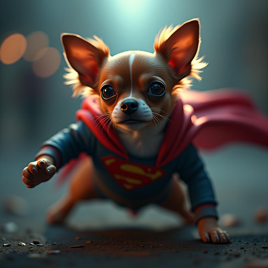  chihuahua as a super hero fighting villains hyperrealistic, full body, detailed clothing, highly detailed, cinematic lighting, stunningly beautiful, intricate, sharp focus, f/1. 8, 85mm, (centered image composition), (professionally color graded), ((bright soft diffused light)), volumetric fog, trending on instagram, trending on tumblr, HDR 4K, 8K