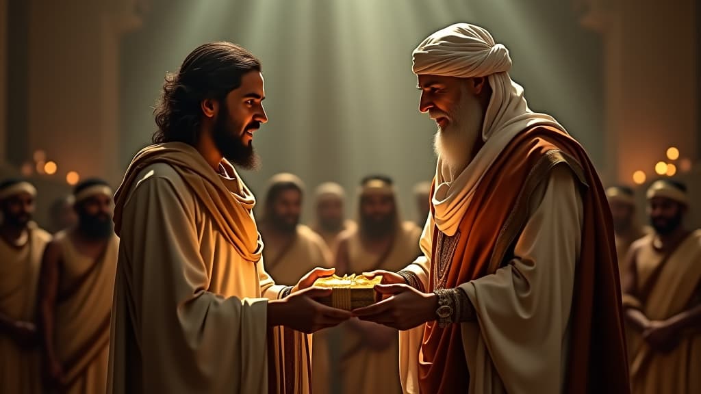  history of biblical times, naaman attempting to offer gifts of silver and gold to elisha, depicting his gratitude yet misunderstanding. hyperrealistic, full body, detailed clothing, highly detailed, cinematic lighting, stunningly beautiful, intricate, sharp focus, f/1. 8, 85mm, (centered image composition), (professionally color graded), ((bright soft diffused light)), volumetric fog, trending on instagram, trending on tumblr, HDR 4K, 8K