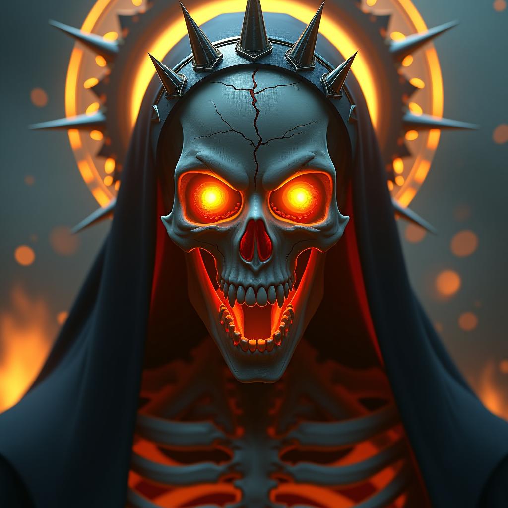  concept art hyper realistic digital illustration with the luminous, intricate detailing of the skeletal, demonic nun with an ethereal glow emanating from fiery eyes, sharp, blood streaked teeth and fangs, surrounded by spiked, metallic halo and embellished headpiece, contrasting dark shadows and harsh highlights emphasizing the surreal and eerie textures, the background blurred with floating embers and a golden, ominous ambiance, with intricate bone structures and subtle cracks interwoven into surreal, haunting and intimidatingly fine details permeating through the image. . digital artwork, illustrative, painterly, matte painting, highly detailed hyperrealistic, full body, detailed clothing, highly detailed, cinematic lighting, stunningly beautiful, intricate, sharp focus, f/1. 8, 85mm, (centered image composition), (professionally color graded), ((bright soft diffused light)), volumetric fog, trending on instagram, trending on tumblr, HDR 4K, 8K