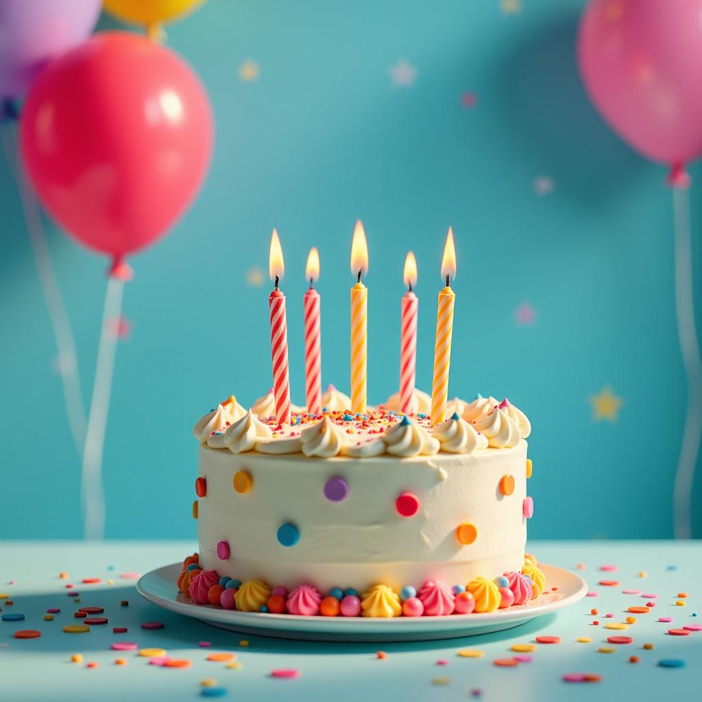  cinematic film style, colorful birthday cake with candles and balloons on light blue background with confetti, shallow depth of field, vignette, maximum details, high budget hollywood movie, bokeh, cinemascope, moody, epic, gorgeous, sun rays and shadows on furniture and surfaces, flattering light, raw photo, photography, photorealistic, 8k resolution, f1.4, sharpened focus, sharp focus