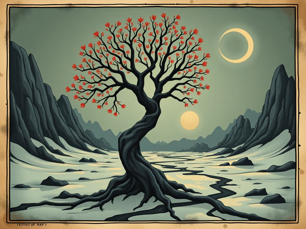  arctic willow amidst adversity, thriving in harsh conditions, icy winds, rugged landscape, transformation, strength. an illustration in the style of a worn, mystical old tarot trump card, mysterious and elements of surrealism. the colors are muted, somber and eerie, but with contrast bring out an occult and esoteric vibe.