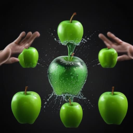 Crystallized floating green apple under animated hands on black background