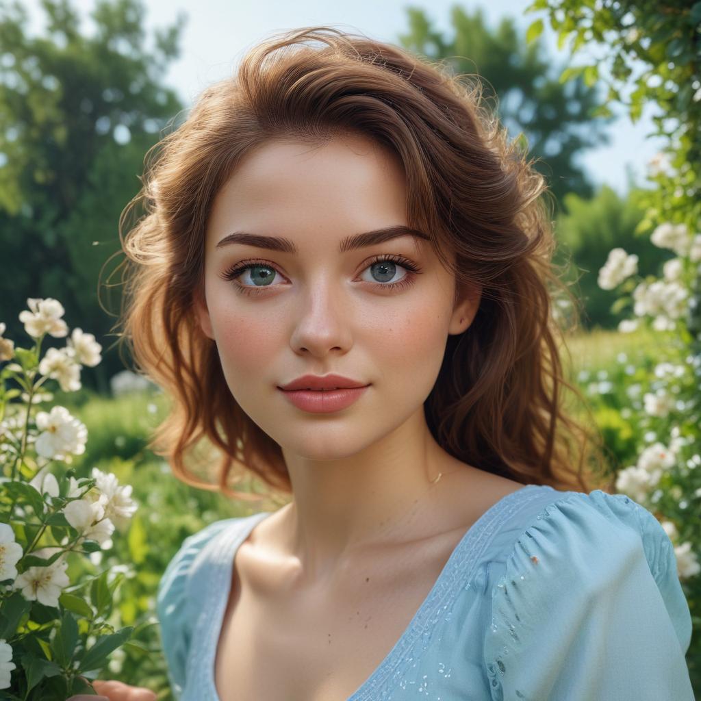 best quality,8K,highres,masterpiece, ultra detailed, cute, , russian, , Feeling happy, slight smile, Wearing a light blue tight fitting top, beautiful detailed eyes:1.1, beautiful detailed lips:1.1, extremely detailed eyes and face:1.1, long eyelashes:1.1, soft curly brown hair, pointed nose, rosy cheeks:1.1, flawless porcelain skin:1.1, sparkling eyes:1.1, slim figure:1.1, standing in a blooming garden, holding a bouquet of colorful flowers, erflies fluttering around:1.1, sunlight filtering through the leaves:1.1, soft spring breeze:1.1, green gr and vint flowers:1.1, with a charming background of a wooden white fence and blue sky hyperrealistic, full body, detailed clothing, highly detailed, cinematic lighting, stunningly beautiful, intricate, sharp focus, f/1. 8, 85mm, (centered image composition), (professionally color graded), ((bright soft diffused light)), volumetric fog, trending on instagram, trending on tumblr, HDR 4K, 8K