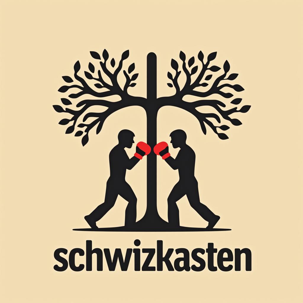  design a logo, in a minimalism style. zwei deutsche boxkämpfer im kampf unter dem eichenbaum, with the text 'schwitzkasten'.