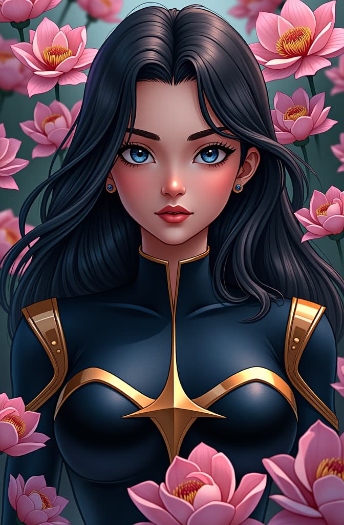  su aspecto sería de una figura esbelta, con cabello largo y oscuro, rodeada de flores de loto., marvel comic panel, dc animated comic panel, comic panel, manga and manhwa style panel, portrait, young person face, style for marvel comic, anime comic panel style hyperrealistic, full body, detailed clothing, highly detailed, cinematic lighting, stunningly beautiful, intricate, sharp focus, f/1. 8, 85mm, (centered image composition), (professionally color graded), ((bright soft diffused light)), volumetric fog, trending on instagram, trending on tumblr, HDR 4K, 8K