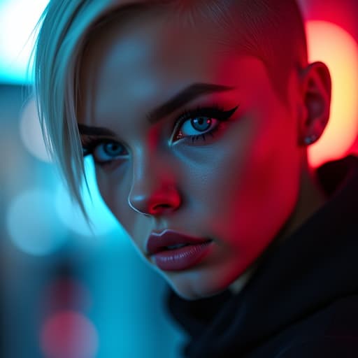  ultra realistic close up portrait ((beautiful pale cyberpunk female with heavy black eyeliner)), blue eyes, shaved side haircut, hyper detail, cinematic lighting, magic neon, dark red city, canon eos r3, nikon, f/1.4, iso 200, 1/160s, 8k, raw, unedited, symmetrical balance, in frame, 8k hyperrealistic, full body, detailed clothing, highly detailed, cinematic lighting, stunningly beautiful, intricate, sharp focus, f/1. 8, 85mm, (centered image composition), (professionally color graded), ((bright soft diffused light)), volumetric fog, trending on instagram, trending on tumblr, HDR 4K, 8K