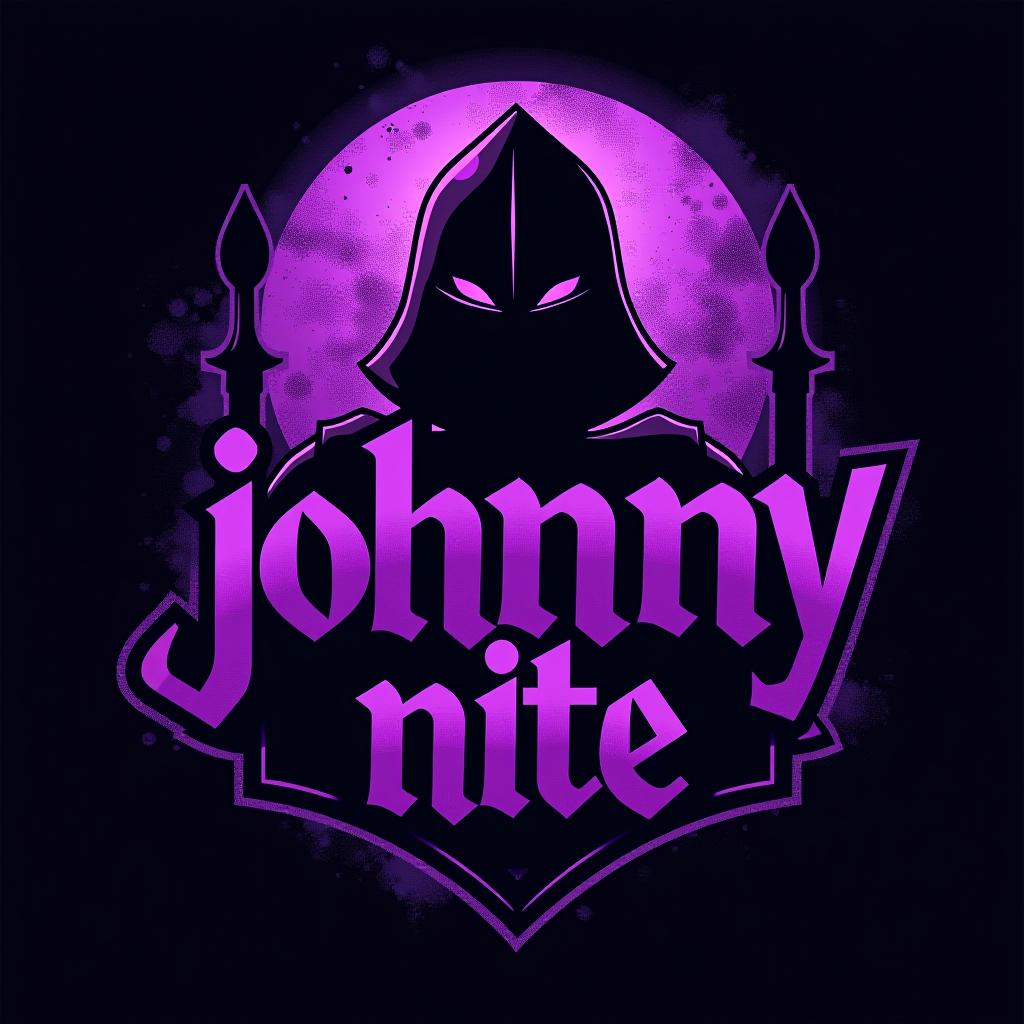  design a logo, in a surrealism style. knight black and purple graffiti capitals, with the text 'johnny nite'.