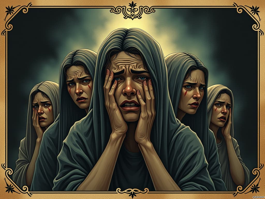  a group of troubled figures, expressions of pain and confusion, dark background, subtle light breaking through, sense of struggle. an illustration in the style of a worn, mystical old tarot trump card, mysterious and elements of surrealism. the colors are muted, somber and eerie, but with contrast bring out an occult and esoteric vibe.