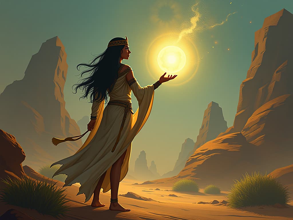  ethereal being with a radiant orb, channels light into a desolate landscape, new growth and life emerging, atmosphere of purpose and meaning. the style is digital art illustration / modern comic book / mysterious occult, symbolic, esoteric vibe,high detail on character design, incorporating ancient egyptian symbology and attire.