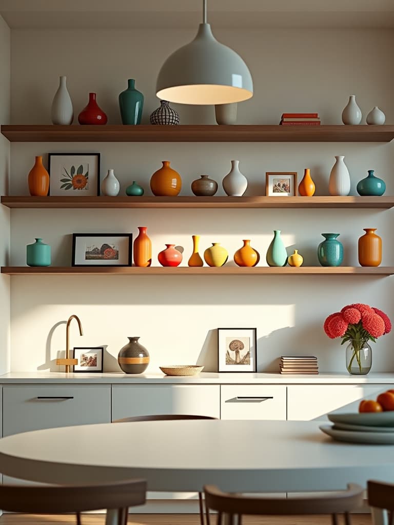  high quality portrait photo of a bright, airy kitchen with floating shelves displaying a curated collection of colorful ceramic vases, small sculptures, and framed illustrations, creating a dynamic 3d art installation hyperrealistic, full body, detailed clothing, highly detailed, cinematic lighting, stunningly beautiful, intricate, sharp focus, f/1. 8, 85mm, (centered image composition), (professionally color graded), ((bright soft diffused light)), volumetric fog, trending on instagram, trending on tumblr, HDR 4K, 8K