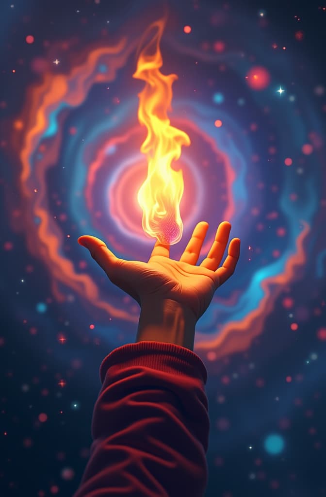  a psychedelic scene where an animated hand, with fluid lines and vibrant colors, extends into the foreground from the background of a surreal universe. the background is filled with spiraling galaxies, brightly colored nebulae, and twinkling stars that blend together in a kaleidoscope of psychedelic hues. the hand, in an energetic and dynamic posture, firmly holds a flame of fire that burns intensely. the flame emits a golden and orange glow that contrasts with the cosmic surroundings, creating a vibrant, ethereal light effect that appears to illuminate the surrounding space. the visual ensemble must convey a feeling of magic, mystery and infinite expansion." hyperrealistic, full body, detailed clothing, highly detailed, cinematic lighting, stunningly beautiful, intricate, sharp focus, f/1. 8, 85mm, (centered image composition), (professionally color graded), ((bright soft diffused light)), volumetric fog, trending on instagram, trending on tumblr, HDR 4K, 8K