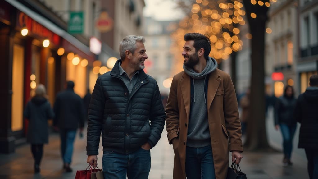  professional detailed photography, and man walking down the street holding shopping bags smiling and looking at each other new year street tree blurred in background in bokeh , (muted colors, dim colors, soothing tones), (vsco:0.3)