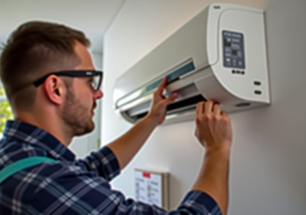  technician wearing safety glasses checking air conditioner unit on wall