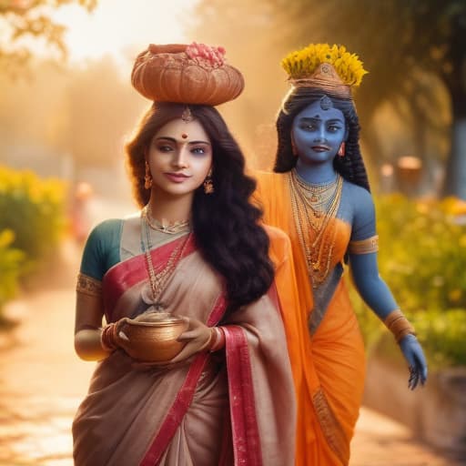 a woman in a sari with a pot on her head, hindu aesthetic, hindu art, hindu gods, by Ram Chandra Shukla, beautiful avatar pictures, hinduism, hindu, lokah samastah sukhino bhavantu, indian god, hindu god, indian goddess, by Thota Vaikuntham, avatar image, standing gracefully upon a lotus