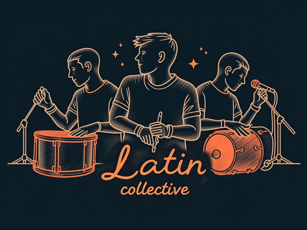  design a logo, in a pencil style. 3 sombras de hombres con tambores, microfono, cables , with the text 'latín beat collective '.