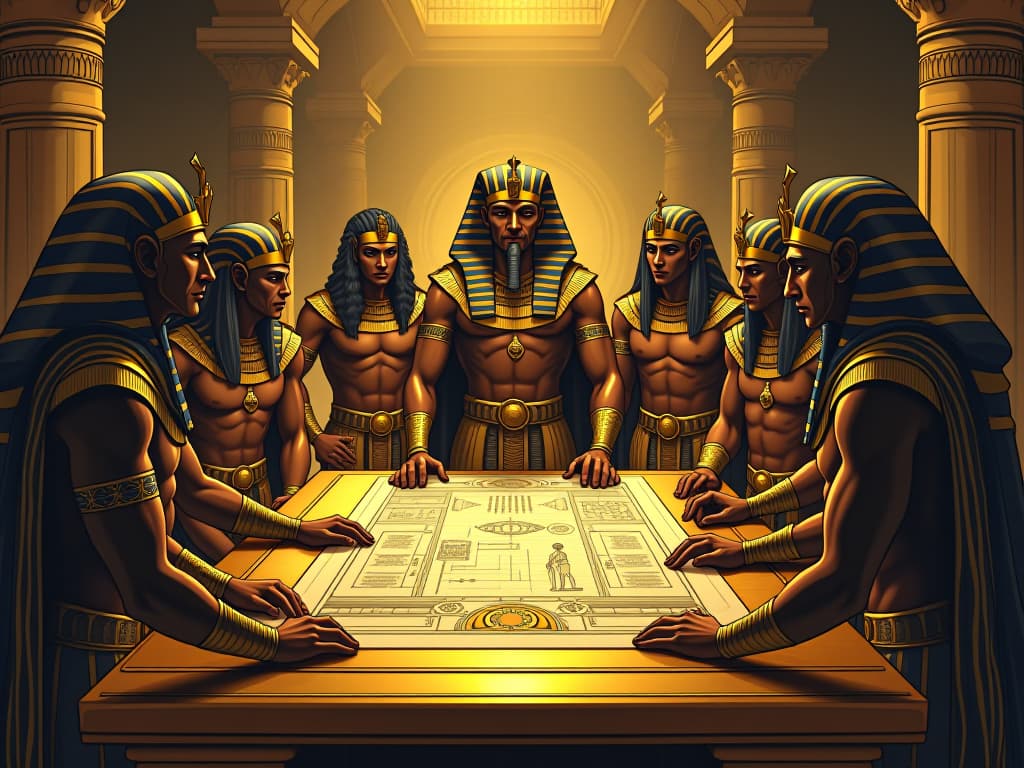  pharaoh and his large busted council in form fitting attire, surrounding a detailed blueprint on a golden table, scene of meticulous planning, ceremonial atmosphere. the style is digital art illustration / modern comic book / mysterious occult, symbolic, esoteric vibe,high detail on character design, incorporating ancient egyptian symbology and attire.