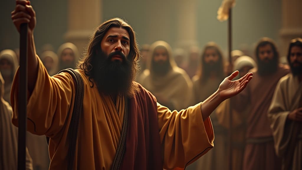  history of biblical times, a prophet delivering a message from god to the israelites, with expressions of anguish and hope on the people's faces. hyperrealistic, full body, detailed clothing, highly detailed, cinematic lighting, stunningly beautiful, intricate, sharp focus, f/1. 8, 85mm, (centered image composition), (professionally color graded), ((bright soft diffused light)), volumetric fog, trending on instagram, trending on tumblr, HDR 4K, 8K