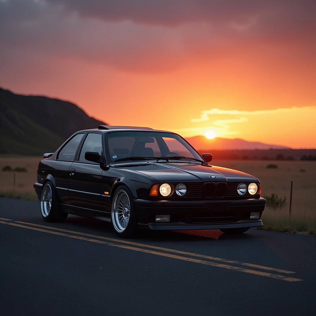  black bmw e34 at sunset. hyperrealistic, full body, detailed clothing, highly detailed, cinematic lighting, stunningly beautiful, intricate, sharp focus, f/1. 8, 85mm, (centered image composition), (professionally color graded), ((bright soft diffused light)), volumetric fog, trending on instagram, trending on tumblr, HDR 4K, 8K