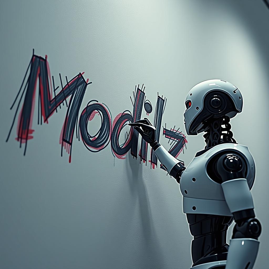  a robot draw word moudgilz on a wall, (4k, best quality, masterpiece:1.2), ultrahigh res, highly detailed, sharp focus, (perfect image composition)