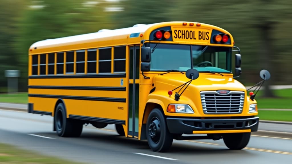  bright yellow school bus on the road, representing safe and reliable transportation for students