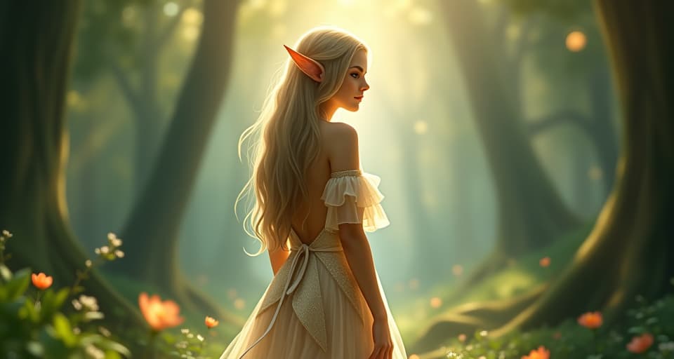  ethereal elf with delicately shimmering attire, standing amidst an enchanted forest, soft rays of light illuminating her, atmosphere of complete transformation and renewal. the style is digital art illustration,highly detailed, whimsical,magical, dreamlike atmosphere, realism and fantasy blend, smooth, glossy textures,luminous quality, wonder and enchantment.