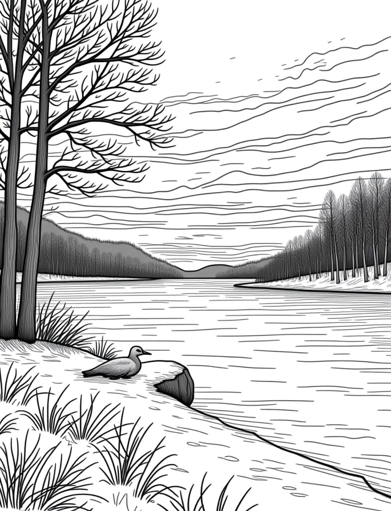  this is for an adult coloring page. a detailed black and white line art of a snowy winter sunset over a frozen lake on a solid white background.