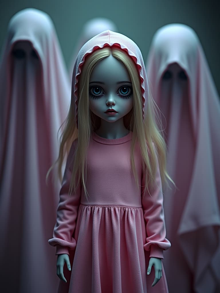  a girl doll possessed by ghosts, pink clothes in a scary atmosphere, masterpiece, best quality,8k,ultra detailed,high resolution,an extremely delicate and beautiful,hyper detail